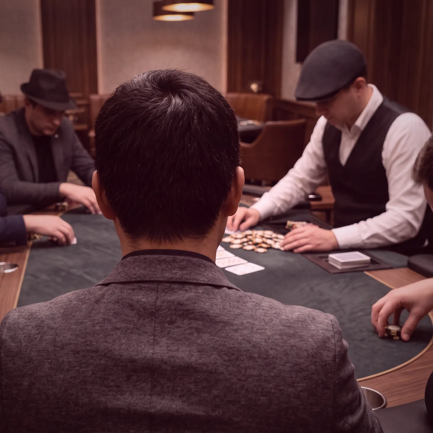 A hand of euchre partway through, cards held close to the chest above green baize.