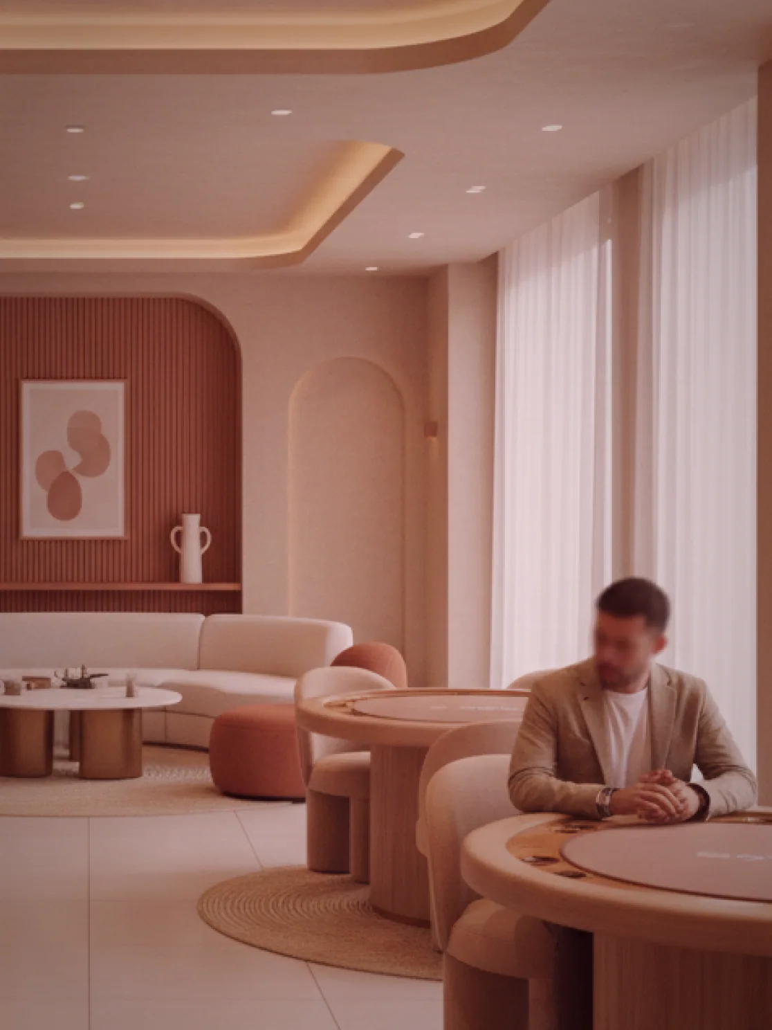 A second view of the card room, all four tables in a row under the windows.